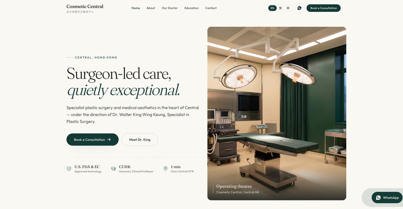 Cosmetic Central website, a surgeon-led plastic surgery clinic in Central, Hong Kong