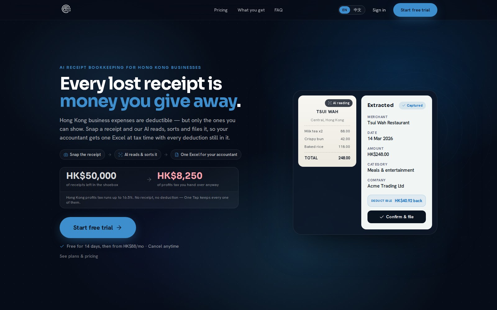 One Tap Accounts landing page, showing a receipt being read by AI
