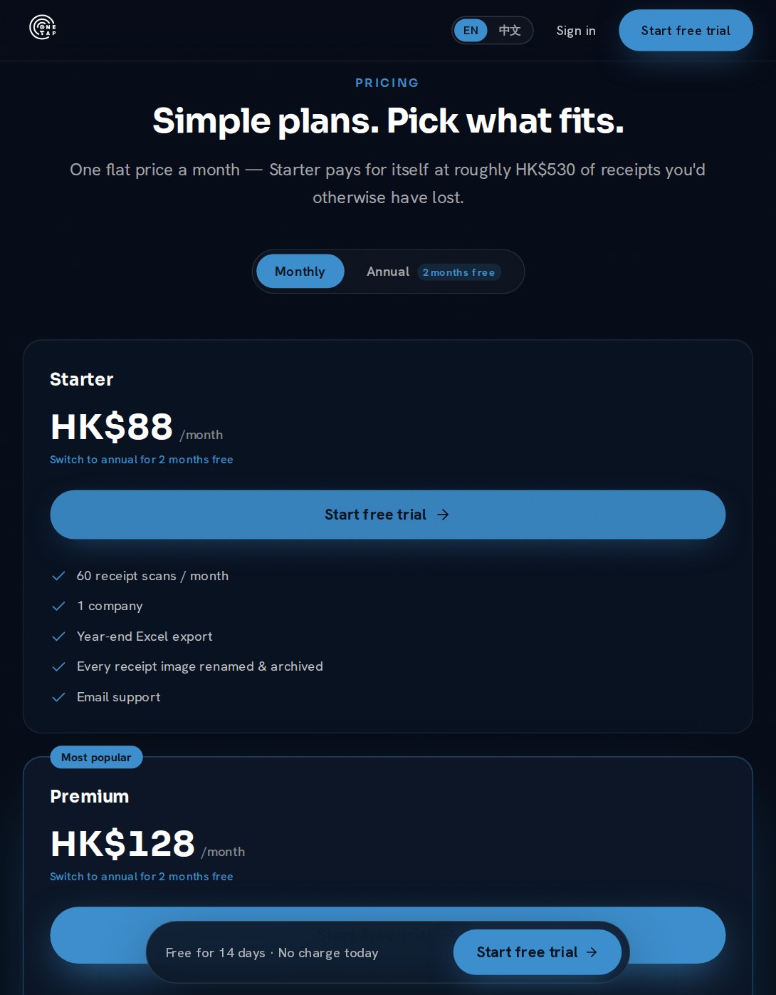 Pricing plans with a monthly and annual toggle