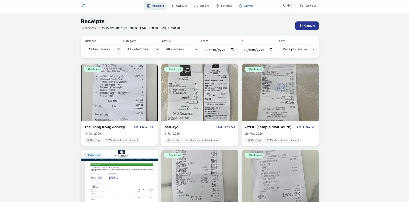 The Receipts library, a filterable grid of confirmed and extracted receipts