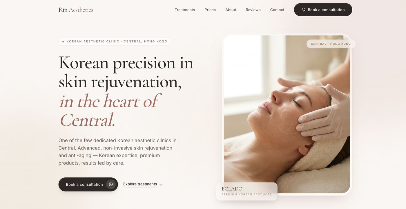Rin Aesthetics website, a Korean aesthetic clinic in Central, Hong Kong